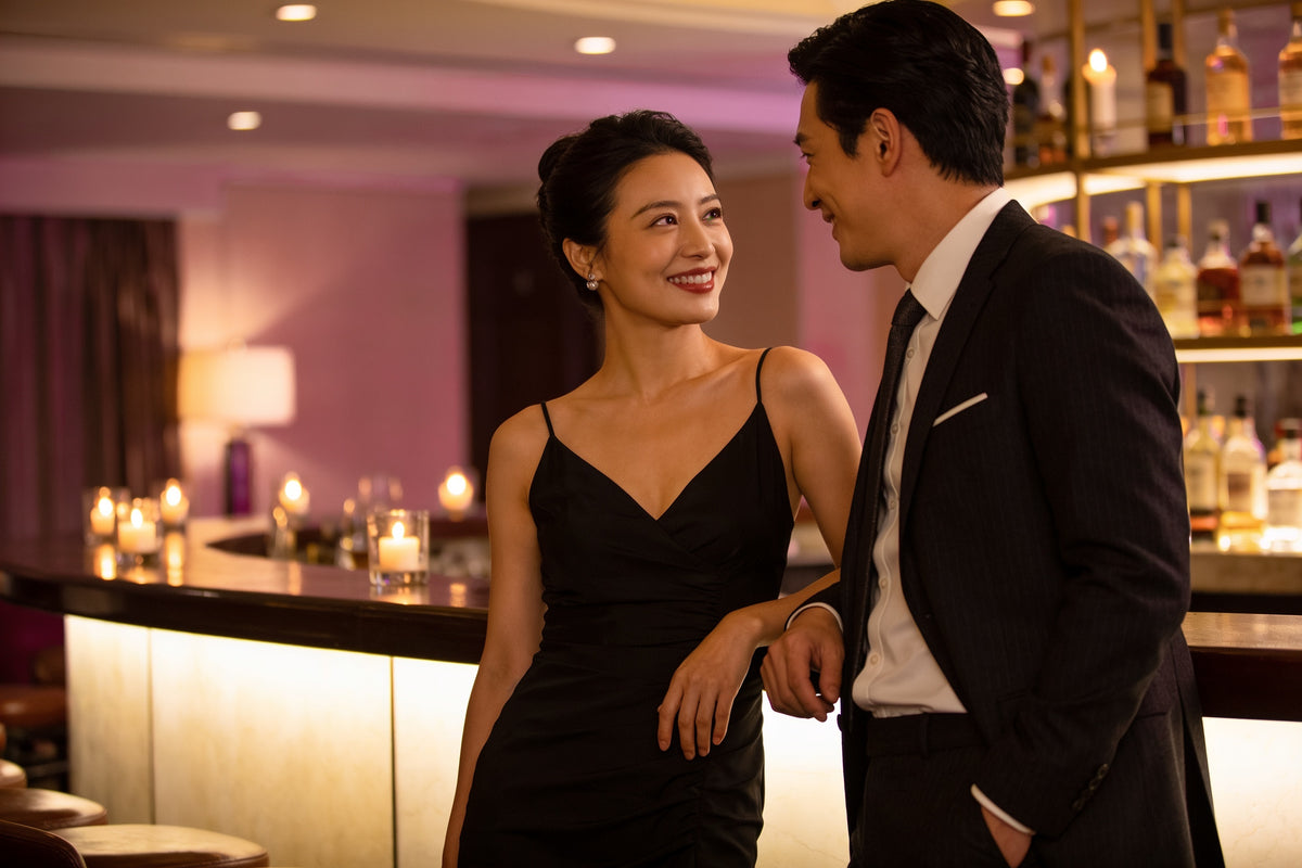 Cuplu elegant flirtând la barul unui hotel, la lumină slabă