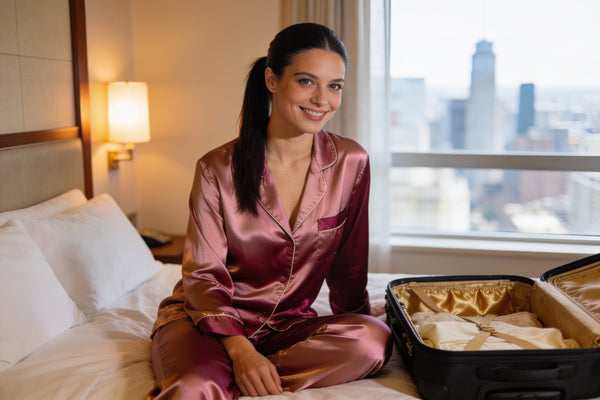 Femeie în pijama de satin pe un pat de hotel, lângă o valiză deschisă, zâmbind